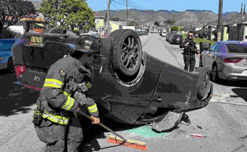 Photo Story: Two-vehicle crash on Center Street A Watsonville firefighter cleans up at the scene of a two-vehicle crash Tuesday afternoon on Center Street in Watsonville.