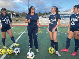 National leadership award lands in local hands Gina Castañeda (second from left) works with the girls varsity soccer team at Aptos High School