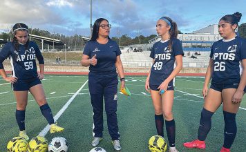 National leadership award lands in local hands Gina Castañeda (second from left) works with the girls varsity soccer team at Aptos High School
